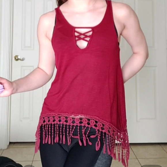 Burgundy Wine Fringe Bohemian Gypsy Festival Cross Cross Tank Top Corset - Picture 6 of 9